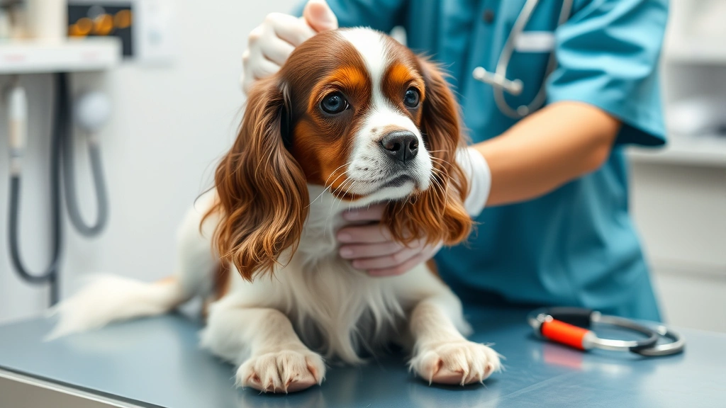 A veterinarian examining a brown and white spaniel on an examination table with medical equipment visible, clinical setting, photorealistic