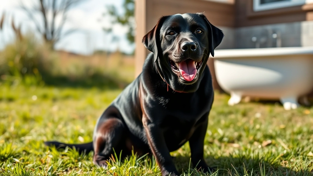 A happy black labrador outside on grass during daytime, mid-squat in natural bathroom position, sunny weather, photorealistic