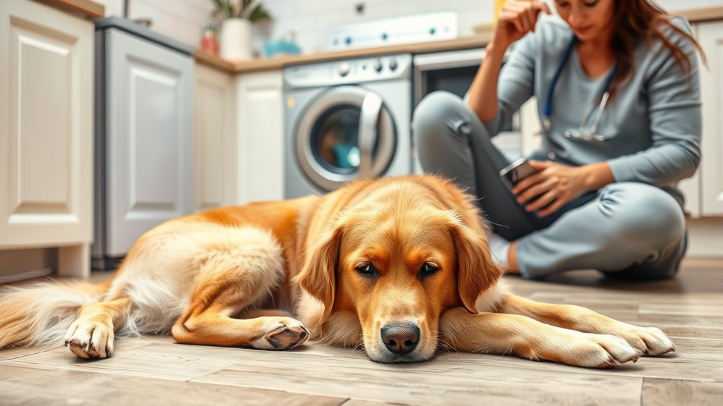 Golden retriever looking unwell lying on kitchen floor with concerned owner nearby, veterinary care concept, no text no words no letters