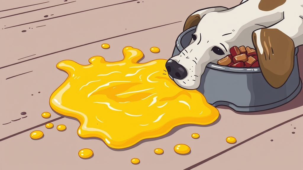 Close-up yellow foamy bile vomit on floor next to dog food bowl, digestive health illustration, no text no words no letters