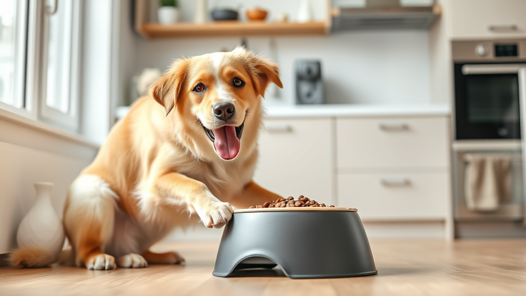 Happy healthy dog eating from elevated feeding bowl in bright kitchen, proper nutrition and feeding schedule, no text no words no letters