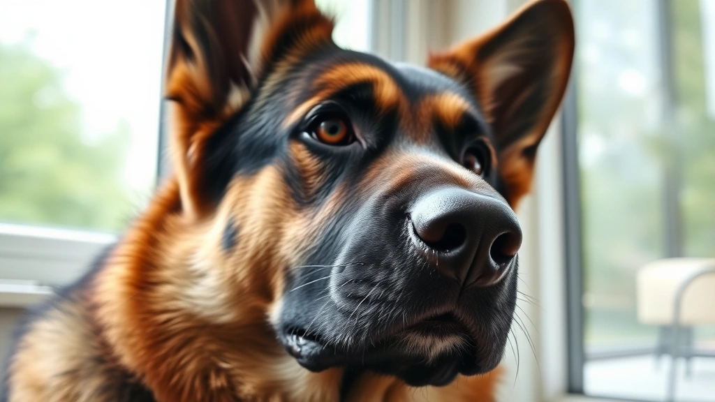 Close-up of German Shepherd's face showing concentration and listening expression, head tilted slightly, indoors near a window, photorealistic detail