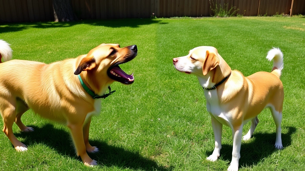 Two dogs on opposite sides of a fence, one dog barking with mouth open, the other dog standing calmly, sunny backyard setting with green grass