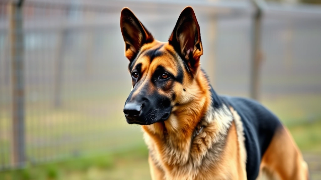 German Shepherd standing alert with raised hackles and forward ears in profile, intense focused gaze, showing territorial stance with stiff body posture against blurred fence