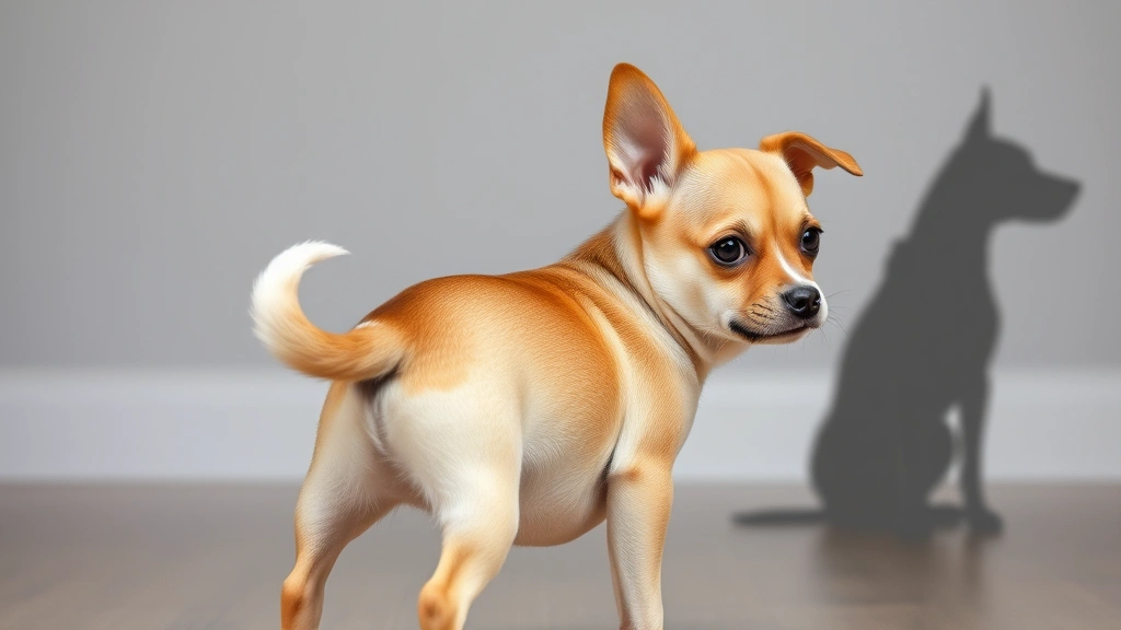 Small anxious dog with tucked tail and flattened ears backing away, showing fearful body language, nervous expression, neutral blurred background with another dog silhouette