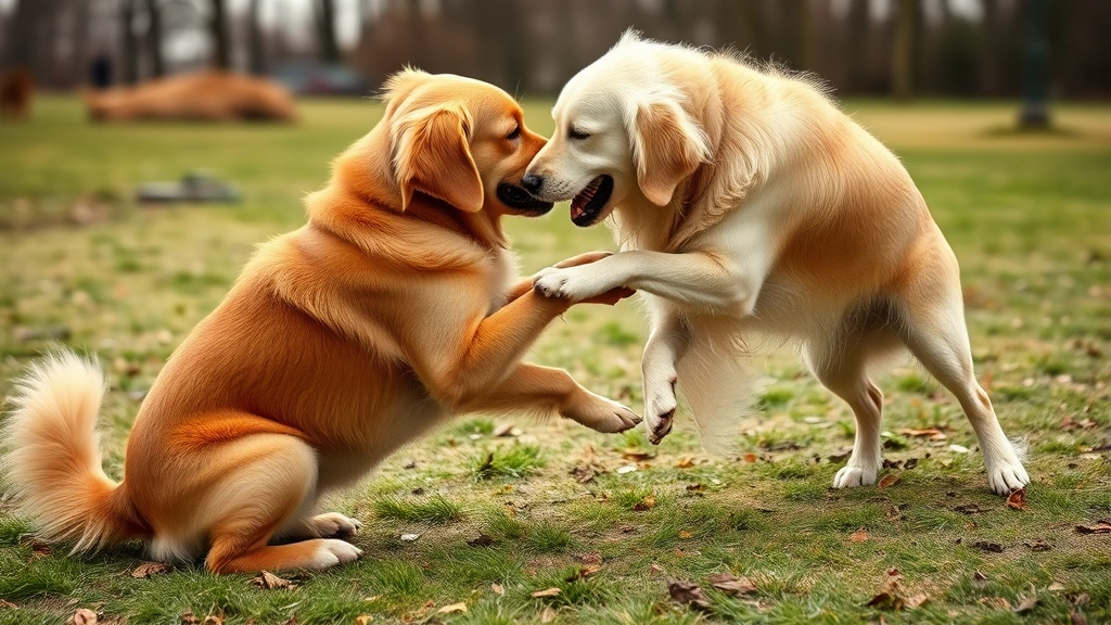 Golden retriever playing with another dog at a dog park, both dogs in play bow positions, grass and trees in background, daytime