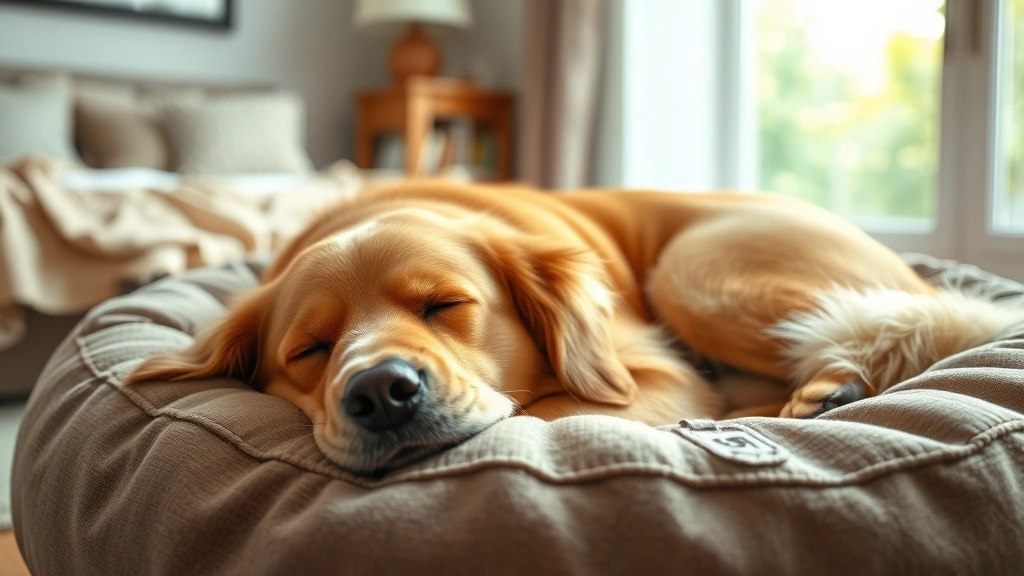 Golden Retriever sleeping peacefully on a soft dog bed, mouth slightly open, in a cozy bedroom setting with natural window light