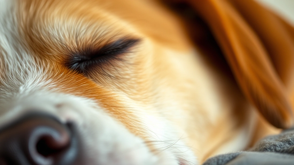Close-up of a sleeping dog's face showing rapid eye movement beneath closed eyelids, demonstrating REM sleep during a dream state