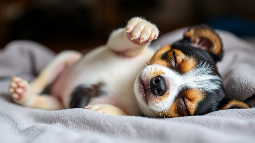 Small terrier mix lying on their back on a blanket, paws twitching mid-air while sleeping, with a peaceful expression on their face