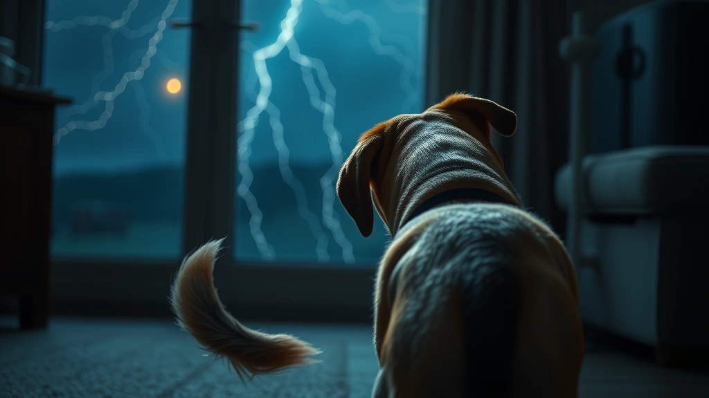 Anxious dog during thunderstorm, tucked tail, ears back, looking nervous but safe indoors, dramatic lighting, photorealistic emotional portrayal