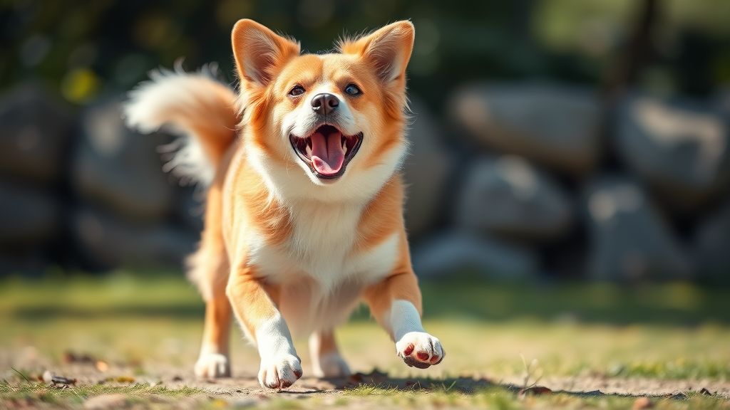 Happy healthy dog playing outdoors with clean paws visible, bright sunny day, no text no words no letters