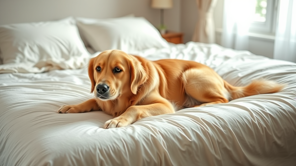 Golden retriever circling on soft bed before lying down, cozy bedroom setting, warm lighting, no text no words no letters