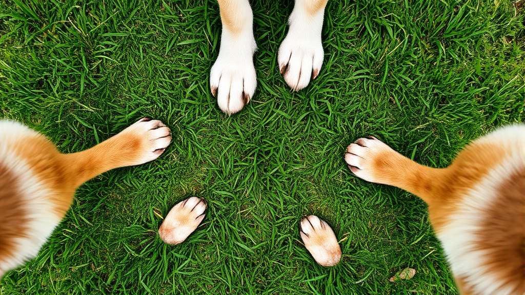 Dog paws walking in circular pattern on grass, overhead view, natural outdoor environment, no text no words no letters