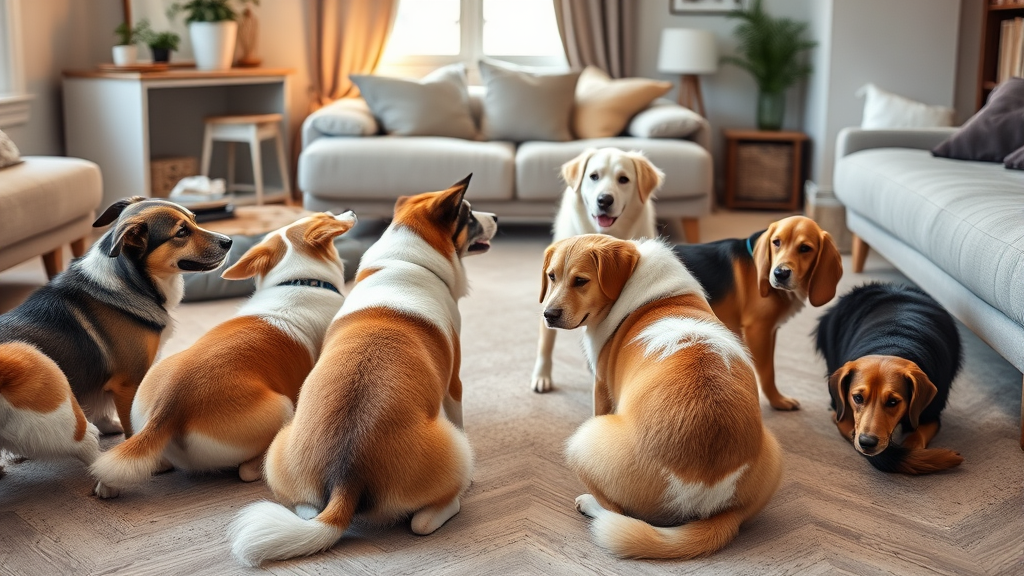 Multiple dogs of different breeds showing circling behavior, comfortable home interior, peaceful sleeping area, no text no words no letters