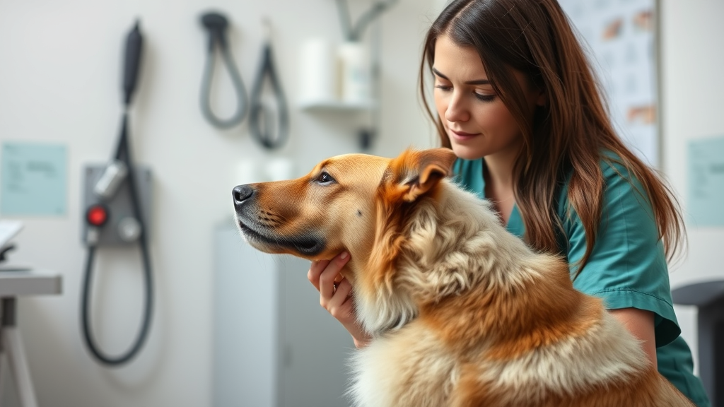 Concerned dog owner observing pet behavior, veterinary care setting, no text no words no letters