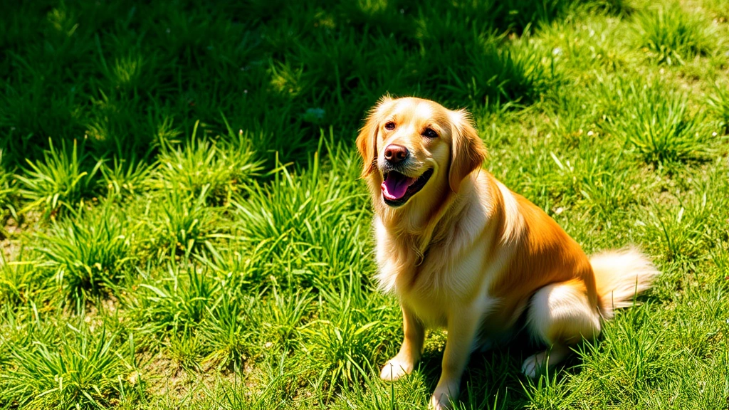 Golden Retriever sitting on green grass in bright sunlight, alert expression, clear and focused