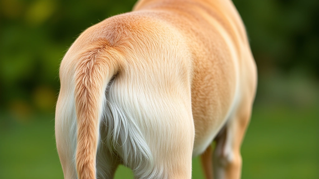 Close-up of dog's rear end showing healthy coat texture, dog standing in neutral position outdoors