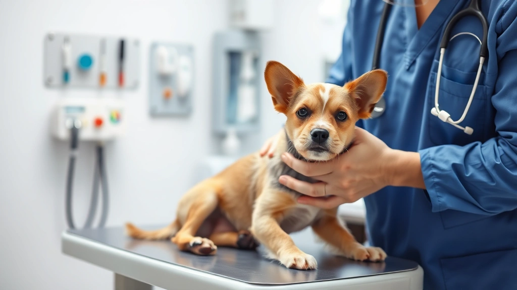 Veterinarian examining small dog on examination table with professional medical equipment visible in background
