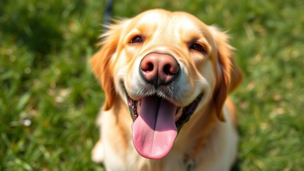 Close-up of a golden retriever's face with tongue out and visible drool, joyful expression, sitting outdoors on green grass in natural sunlight