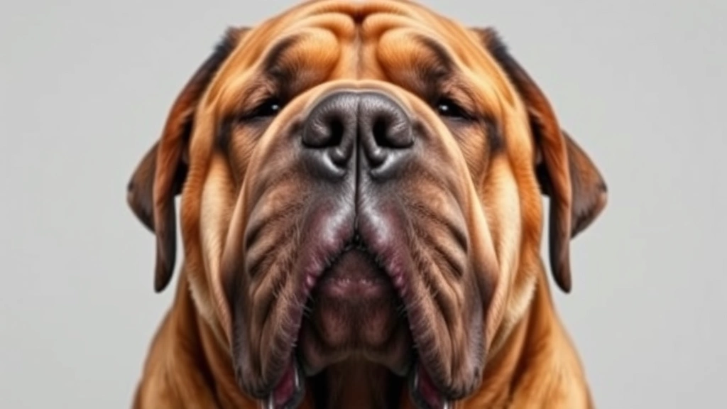 Large mastiff dog with loose jowls and visible drool hanging from mouth, calm expression, photographed against neutral background