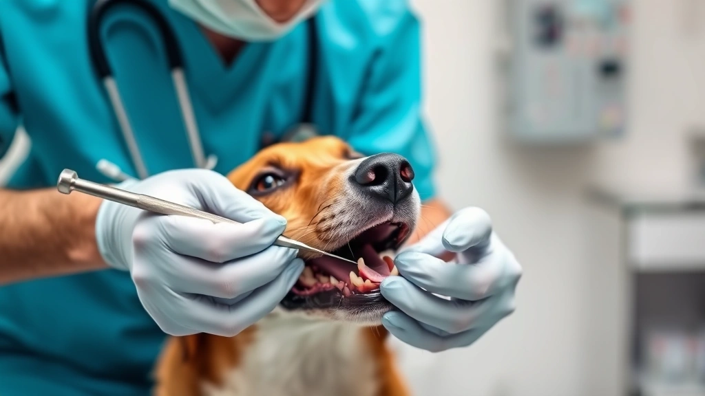 Veterinarian examining a dog's mouth with dental tools, professional clinical setting, focused on oral inspection, clear subject matter