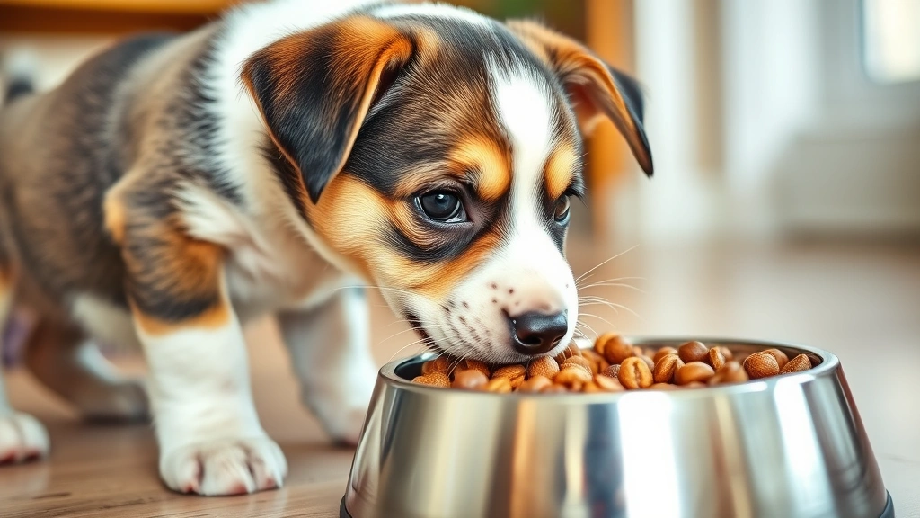 Young puppy eating from food bowl with saliva visible, concentrated expression, warm indoor lighting with kibble in bowl