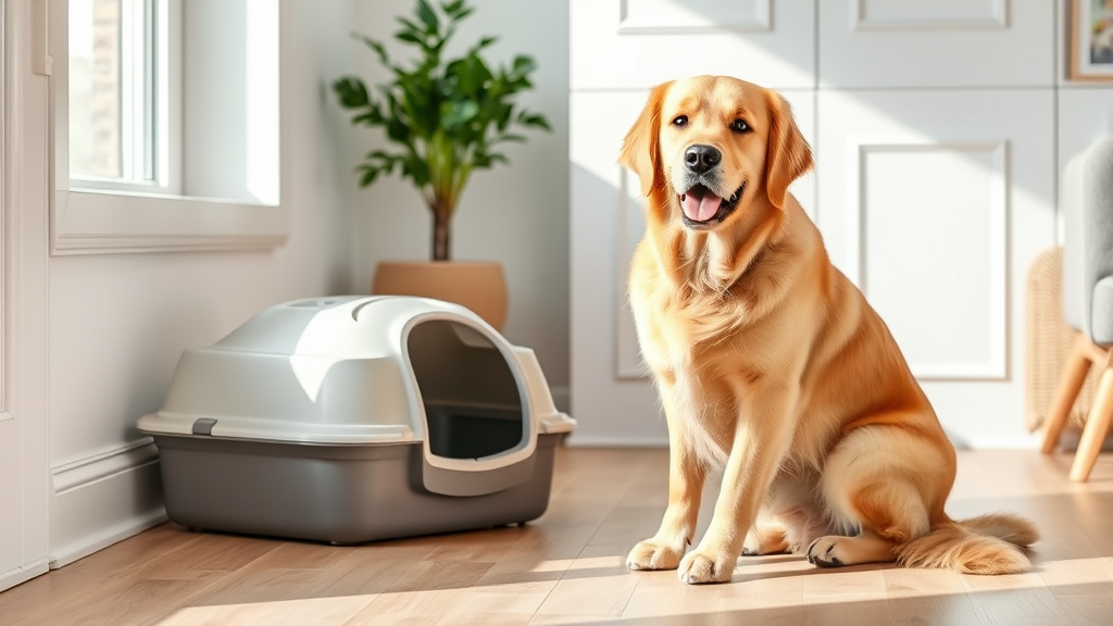 Golden retriever dog sitting next to clean litter box in bright home interior, no text, no words, no letters