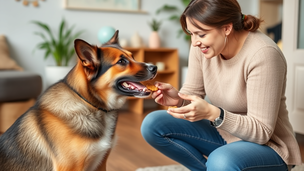 Dog training session with owner using treats and positive reinforcement techniques indoors, no text, no words, no letters