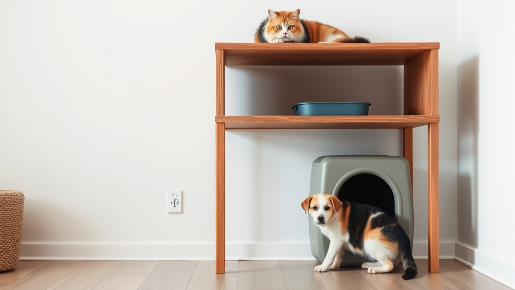 Multi-level cat furniture with elevated litter box away from curious dog below, no text, no words, no letters