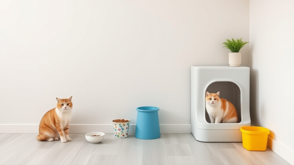 Multi-pet household setup with separated feeding areas and elevated cat litter box, no text no words no letters