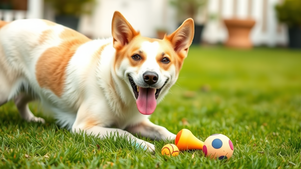 Happy healthy dog playing with toys in clean grassy yard alternative activities no text no words no letters