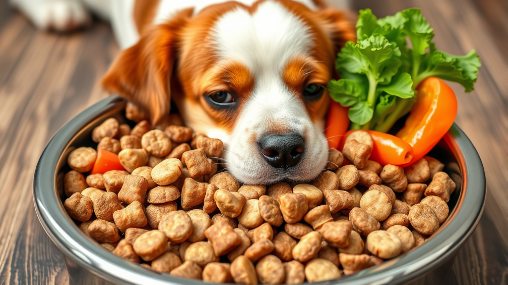 Dog food bowl with healthy kibble and fresh vegetables, no text no words no letters
