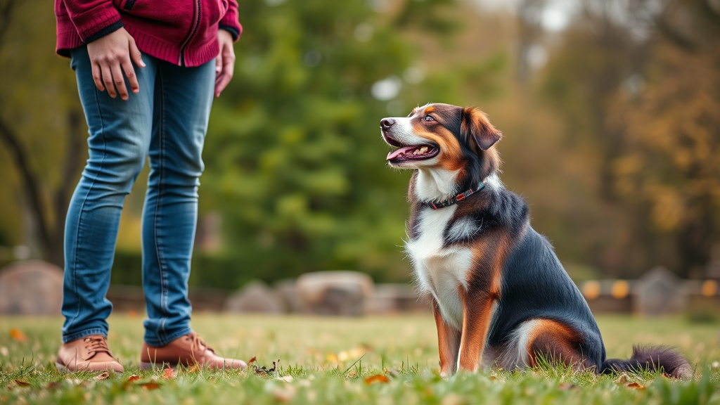Happy dog sitting and looking at owner during training session, no text no words no letters