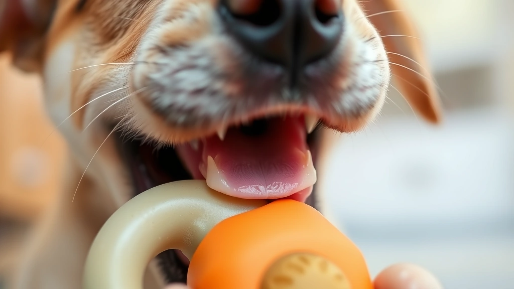 Close-up of a puppy's mouth with baby teeth, chewing on a rubber toy, soft focus background, indoor setting