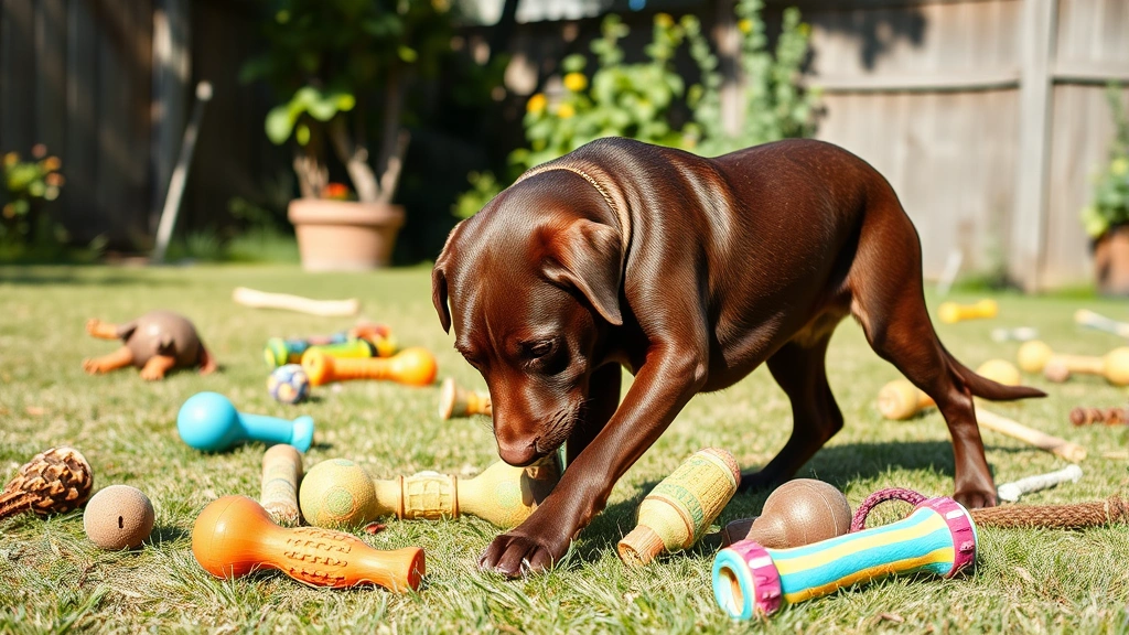 Chocolate Labrador in a backyard with various safe chew toys scattered around, sunny day, focused on toys not sticks