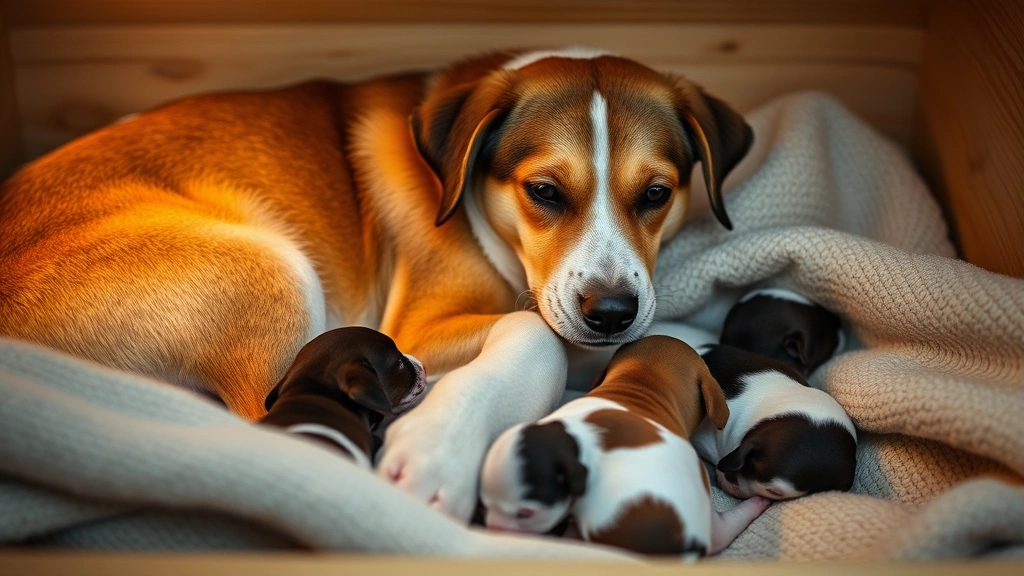 Mother dog nursing healthy puppies in a warm, comfortable whelping box with soft blankets, gentle lighting, peaceful expression on dog's face