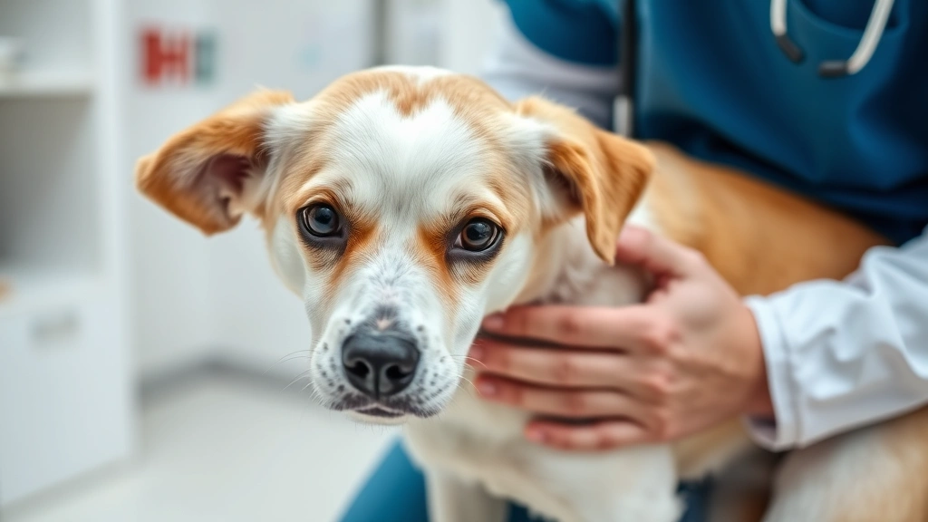 Close-up of veterinarian examining a pregnant or postpartum dog during a health checkup, stethoscope visible, clinical but caring setting