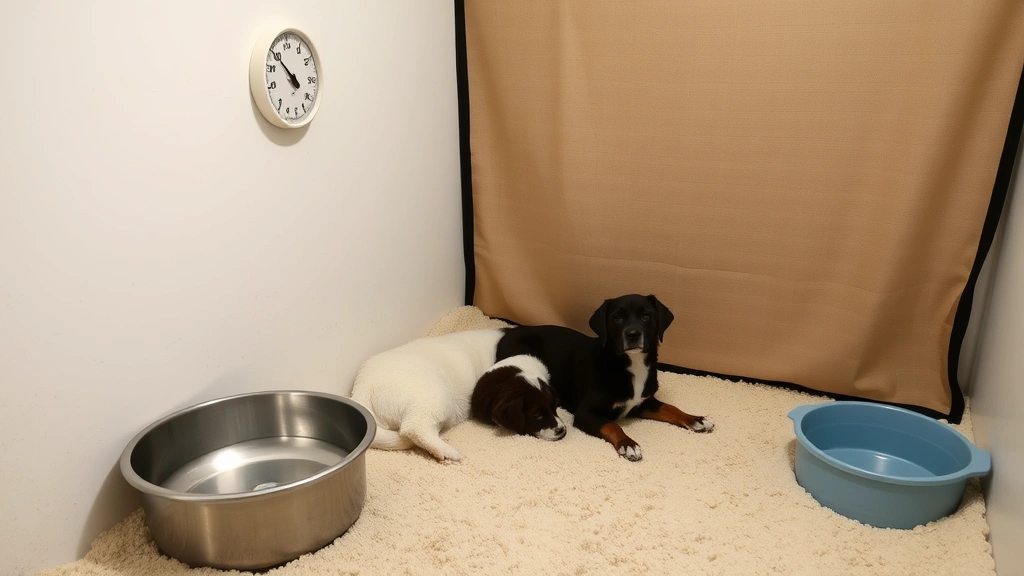 Serene whelping area setup with temperature gauge, clean bedding, water bowl, and privacy screen, showing ideal breeding environment for dogs