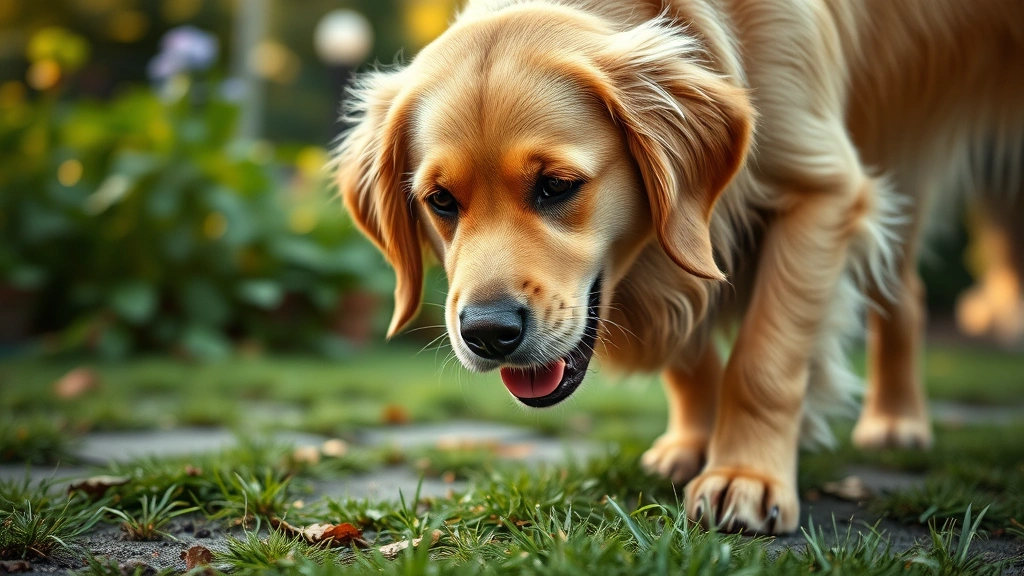 Golden retriever with curious expression sniffing ground, soft natural lighting, outdoor garden setting, photorealistic