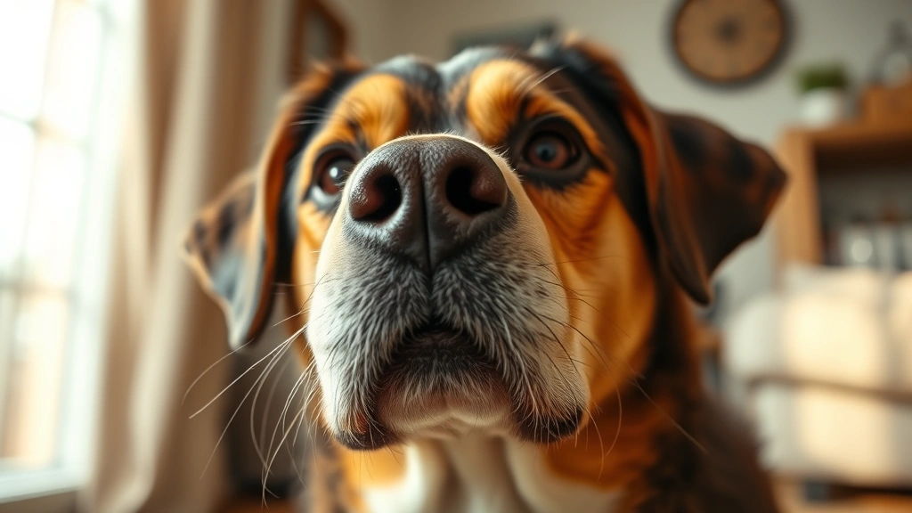 Close-up of dog's face showing concerned or uncomfortable expression, indoor home environment, warm lighting, photorealistic