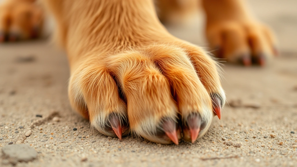 Close-up of a golden retriever's paw pad, warm sandy color, detailed texture showing paw pads clearly, soft natural lighting, outdoor setting