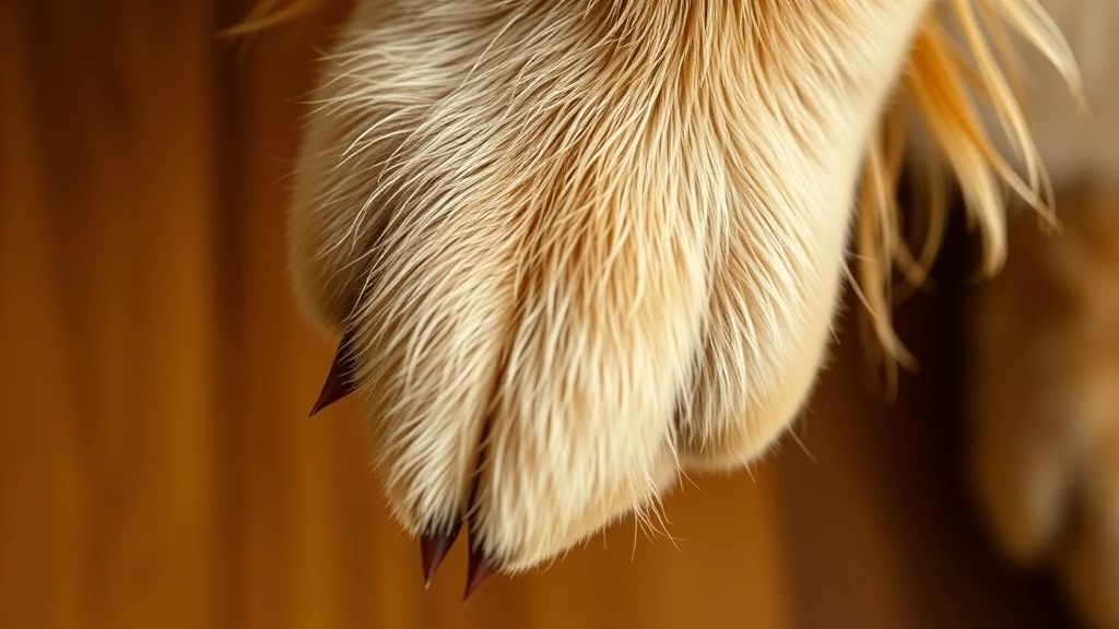 Close-up of a golden retriever's paw pad from above, showing the textured surface and toe beans clearly, warm natural lighting