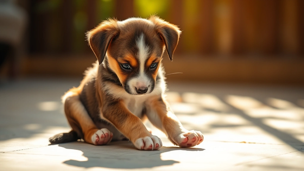 Adorable puppy sitting down looking at their own paws with curiosity, warm sunlight filtering through, clean white or light colored paws visible