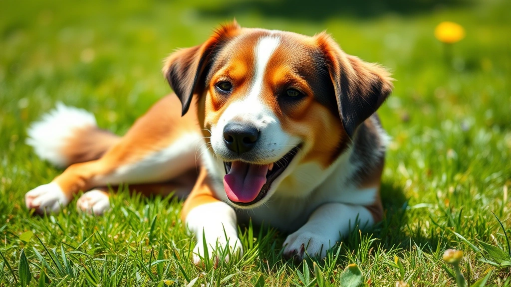 Happy dog lying on grass with paws visible, relaxed posture, sunny day with green background, photorealistic