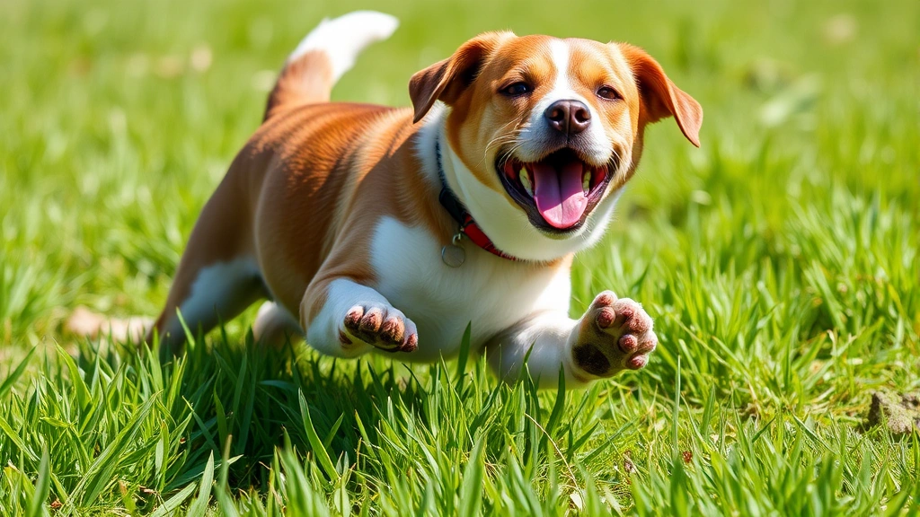 Happy dog playing in grass with muddy paws visible, energetic and playful pose, natural outdoor environment with green grass, bright daylight