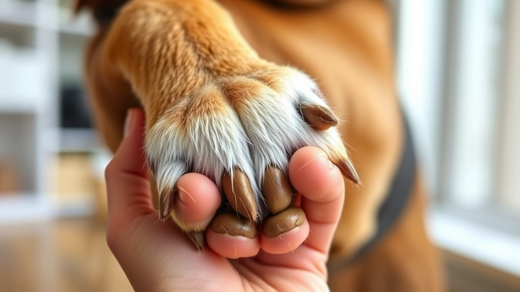 Dog's paw being gently held and examined by hands, showing the bottom of the paw with toe beans, indoor lighting