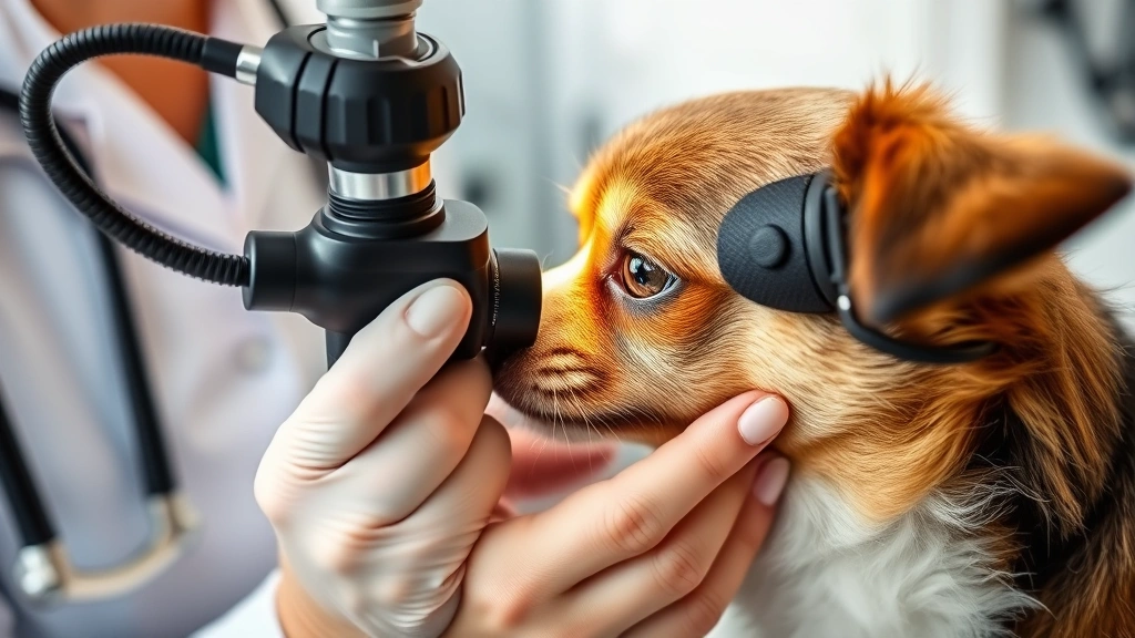 Veterinarian gently examining a small dog's eye with specialized equipment, professional clinical setting, caring interaction