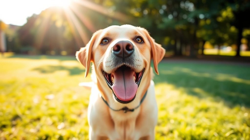 Happy labrador playing outdoors in a park with sunlight, clear bright eyes, natural environment with grass and trees
