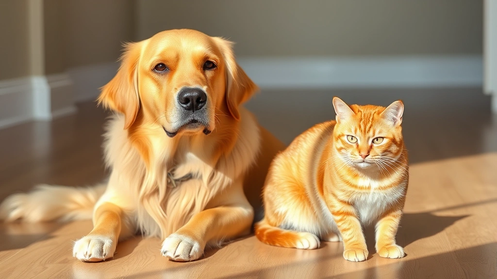 Golden Retriever and orange tabby cat sitting calmly next to each other on a wooden floor, both looking forward, natural daylight