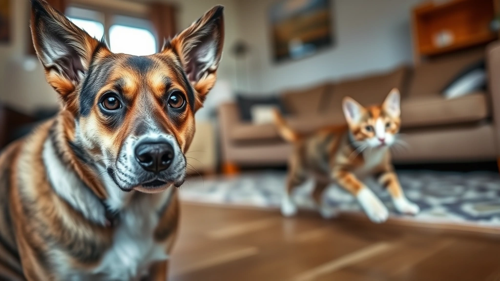 Dog with intense focused expression watching a cat running away across a living room with furniture in background, motion blur